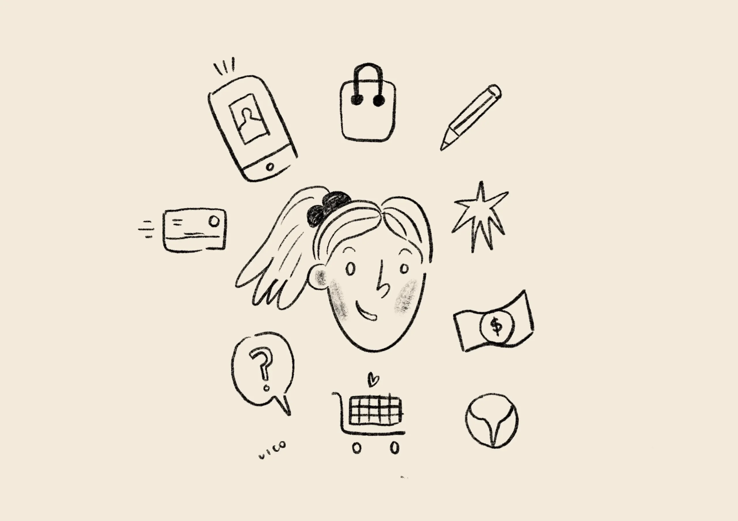 Personaje ilustrado por Vico Matanga rodeado de iconos relativos a tienda online, como signo pesos, carrito de compras y bolsa de e-commerce